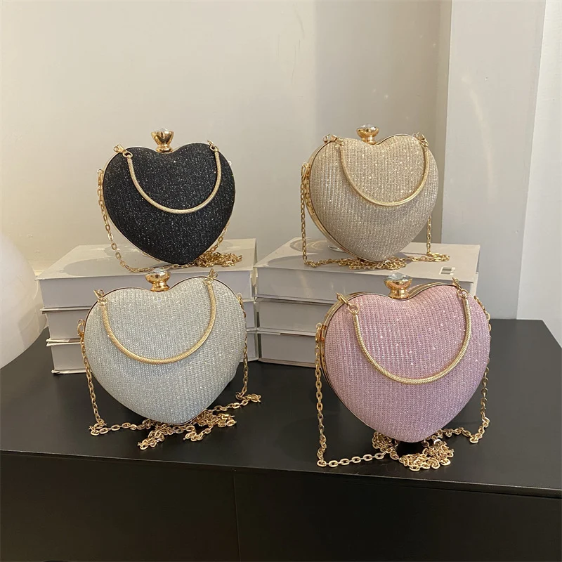 Evening Clutch Bag Women Bag Shiny Handbag Heart Shape - Image 2