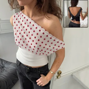 Polka Dots Print Oblique Shoulder Tops Summer Patchwork