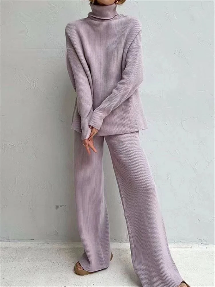 2 Pieces Women Sets Knitted Tracksuit Turtleneck Sweater - Image 4