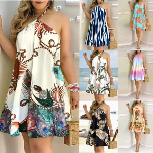 Printed Dress Summer Off-Shoulder Hanging Neck