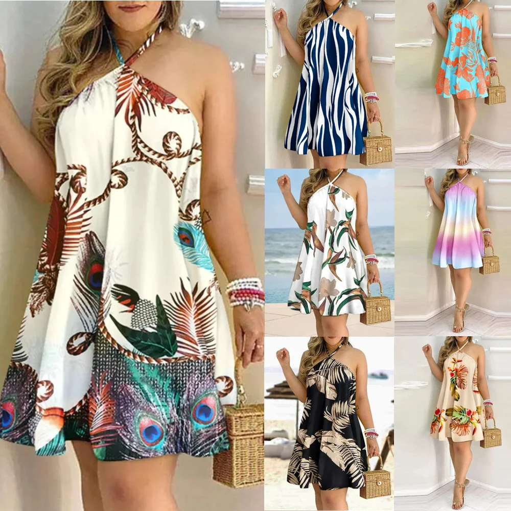 Printed Dress Summer Off-Shoulder Hanging Neck