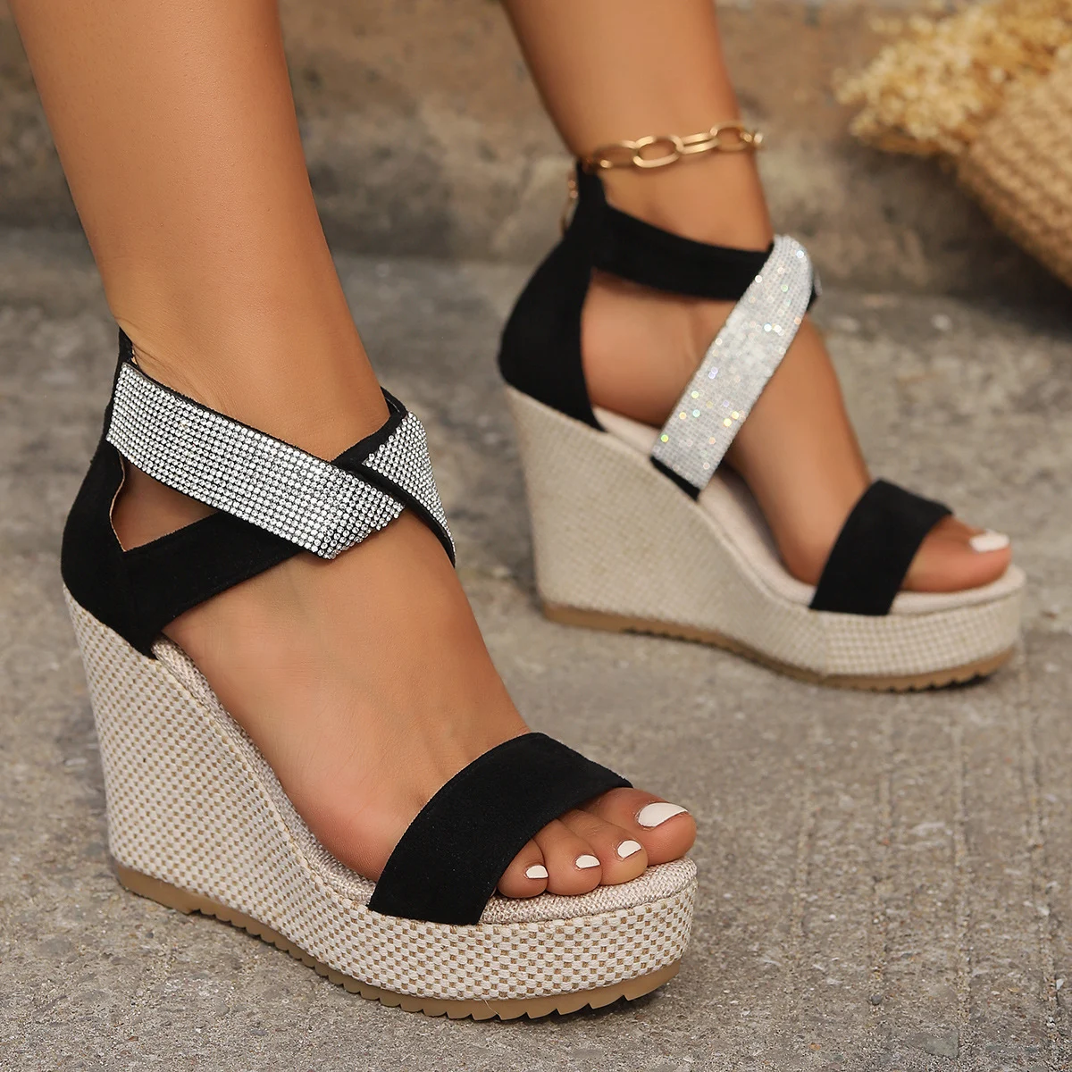 Fish Mouth High Wedges Sandals with Rhinestone Design - Image 4