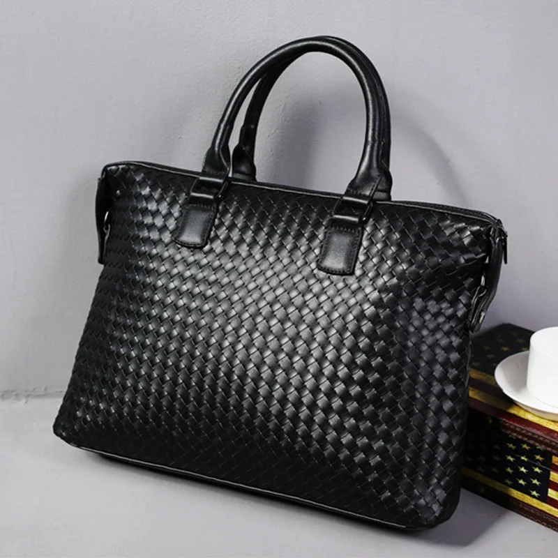 Men's Bag Leather Large Briefcase Hand Woven Luxury