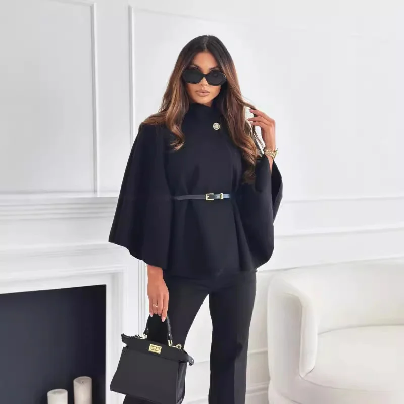 Stand Collar Batwing Sleeves Cloak Top with Belt - Image 5