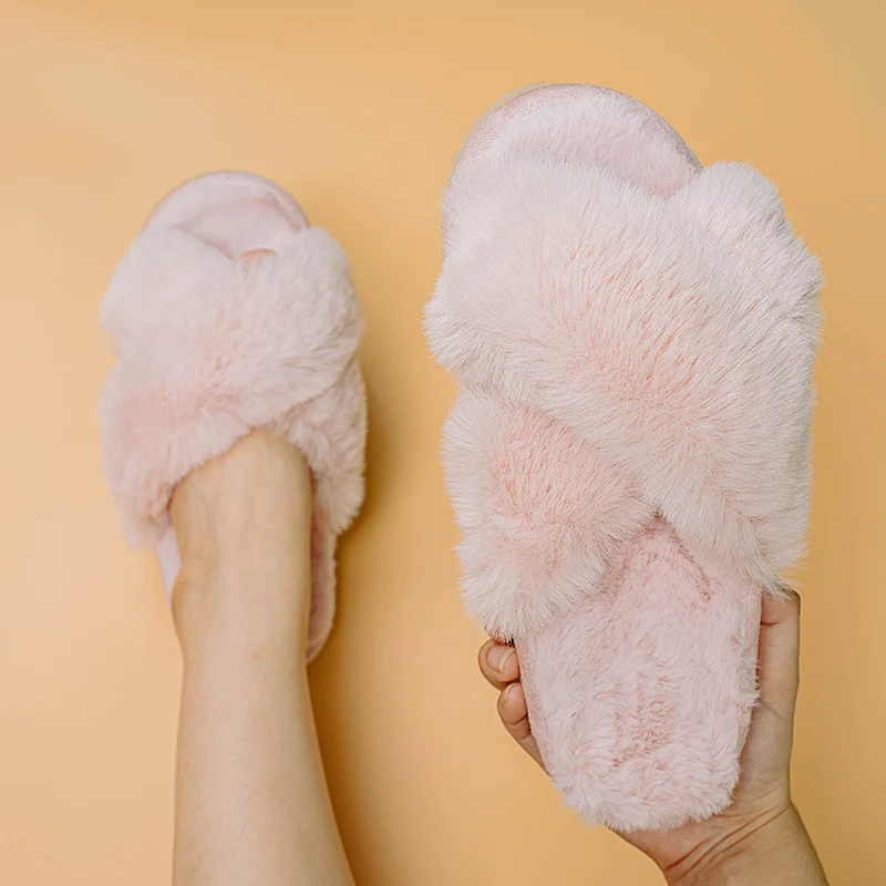 Women Fashion Warm Fluffy Slippers Cozy Faux Fur Cross - Image 6