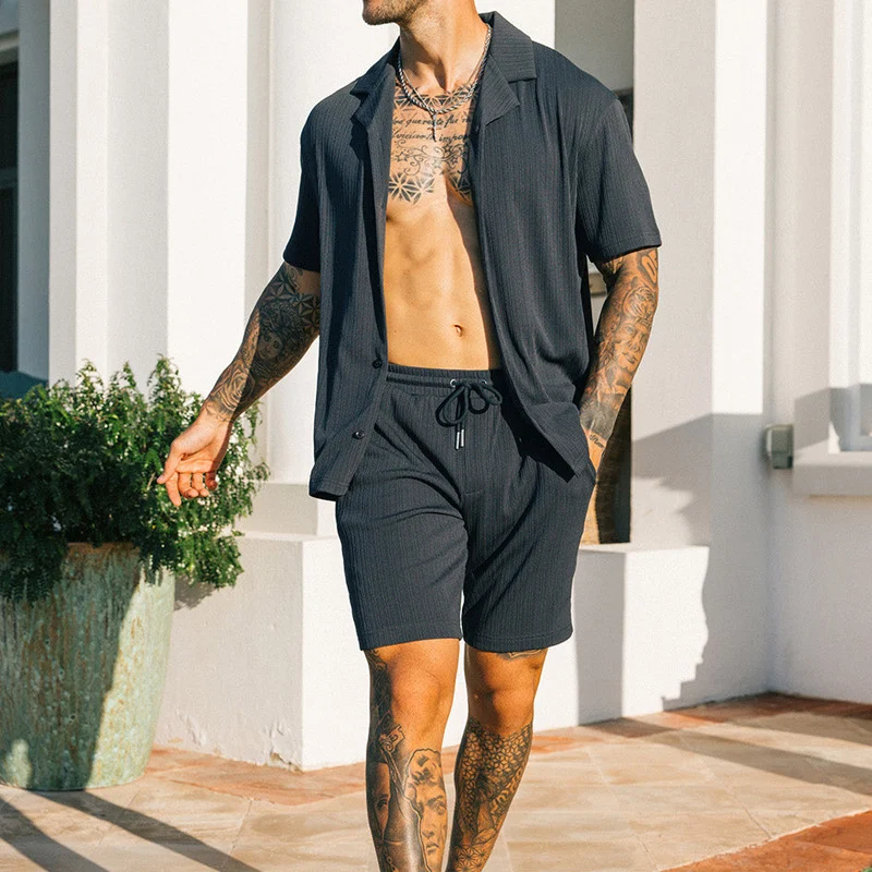 Men's Two Piece Set Short Sleeve Lapel Button Shirts - Image 3