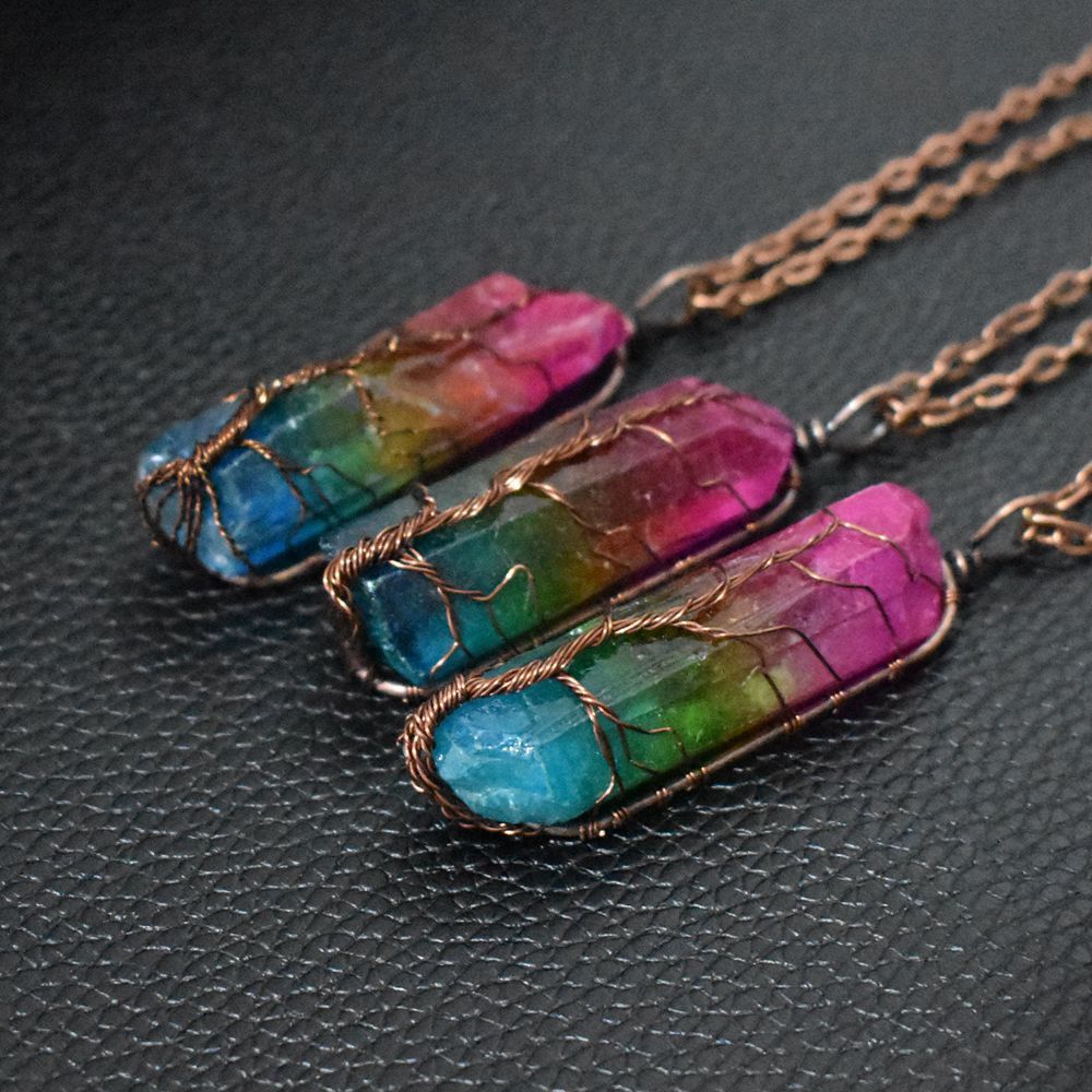 Stone Crystal Pillar Tree of Life Pendant Ins Fashion