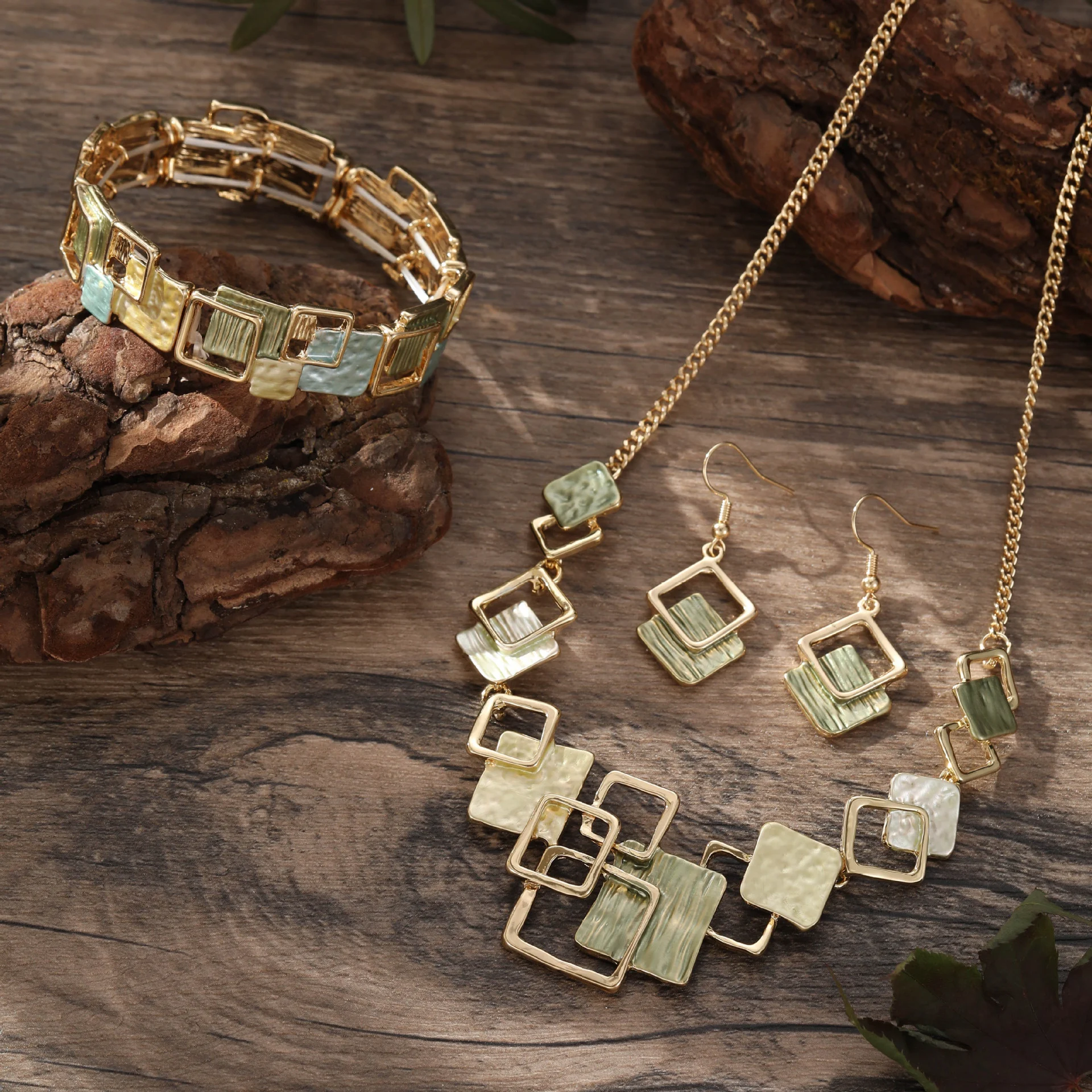 Color Painting Oil Geometric Square Ear Studs Bracelet - Image 3