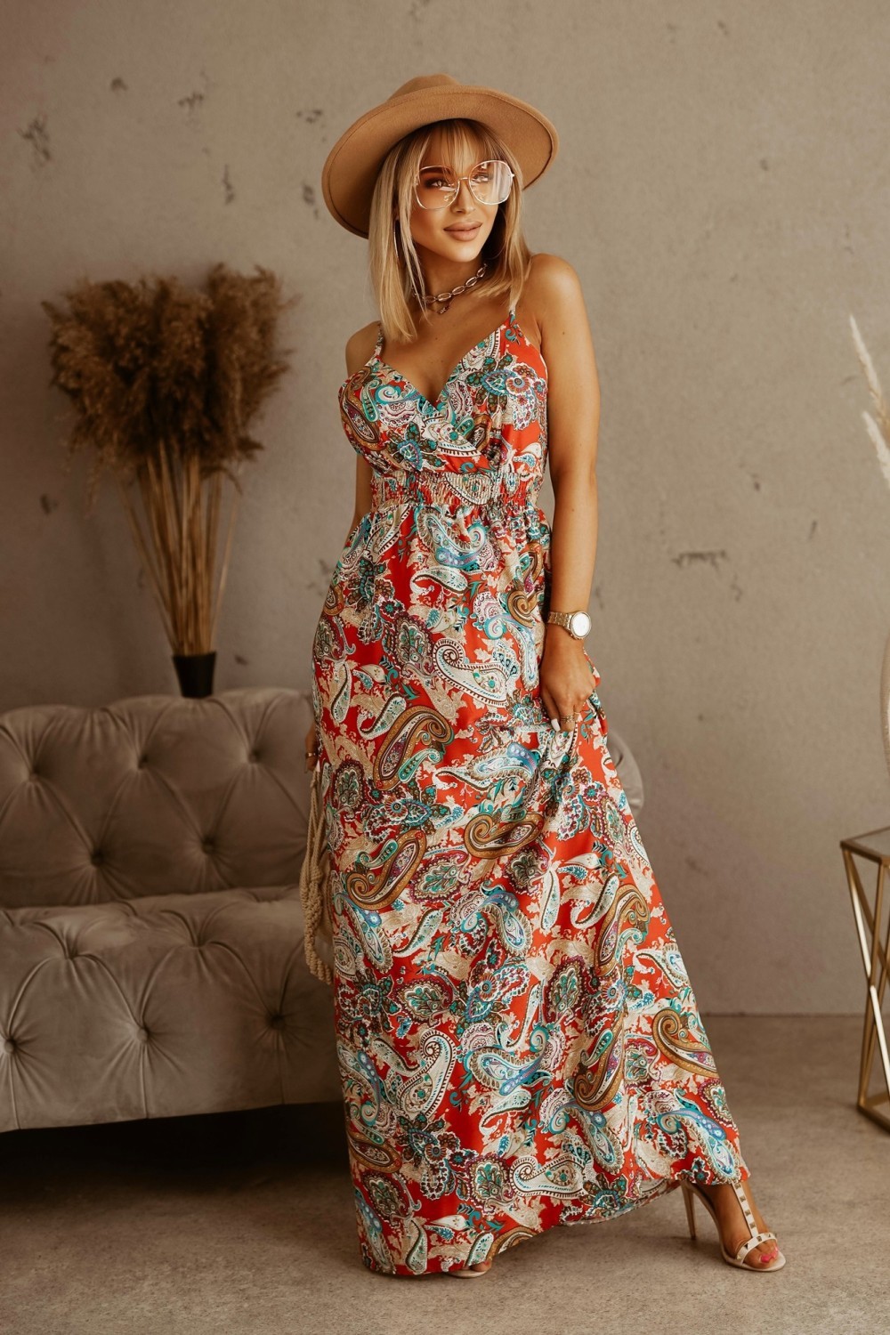 V-neck Sleeveless Suspender Print Boho Maxi Dress - Image 8