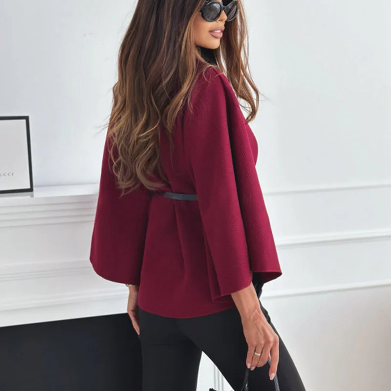 Stand Collar Batwing Sleeves Cloak Top with Belt - Image 2