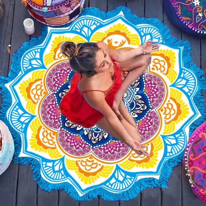Polygon Printing Tassel Round Bath Towel Yoga Mat - Image 4