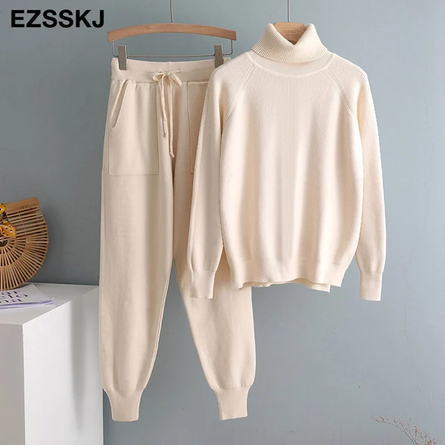 Pieces Set Women Knitted Tracksuit Turtleneck - Image 2