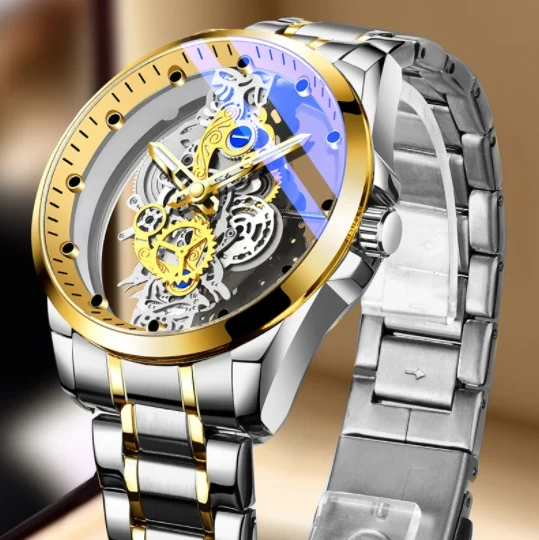 Men Watch Skeleton Automatic Quartz Watch Gold Skeleton - Image 6