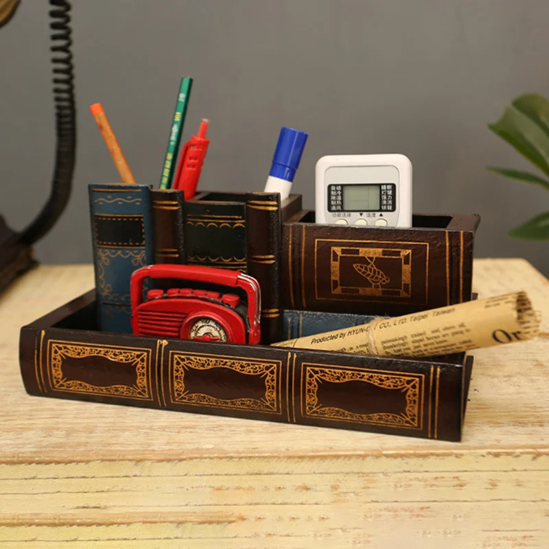 Retro Wood Pen Holder Book Shape Desk Organizer - Image 2