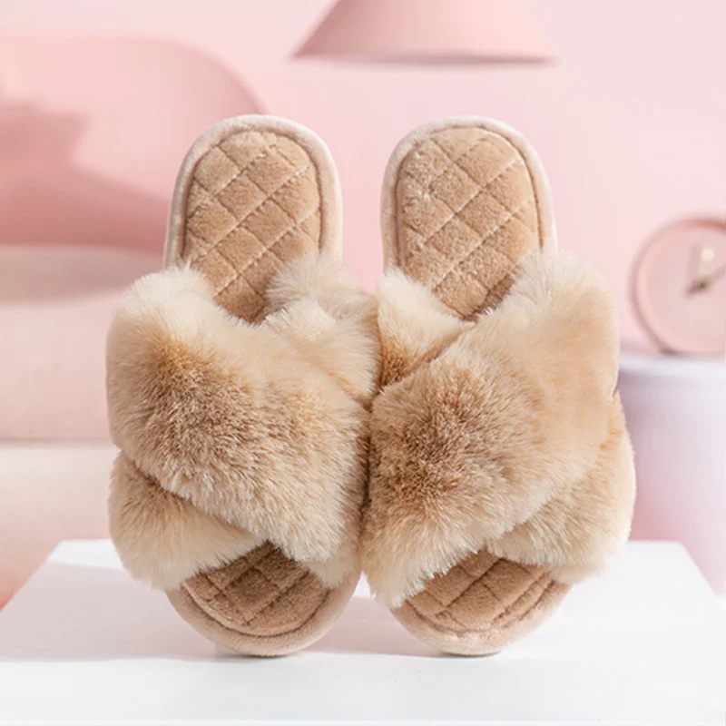 Cross-strap Furry Slippers Warm House Shoes for Women
