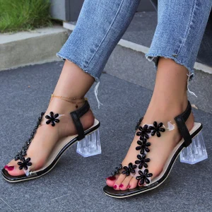 Fashion Flowers Sandals with Transparent High Square
