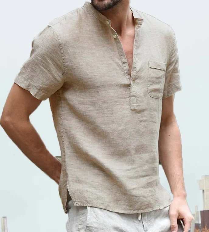 Casual Linen Solid Color Shirt Button V Neck Beach Shirt Men Summer Tops - Image 8