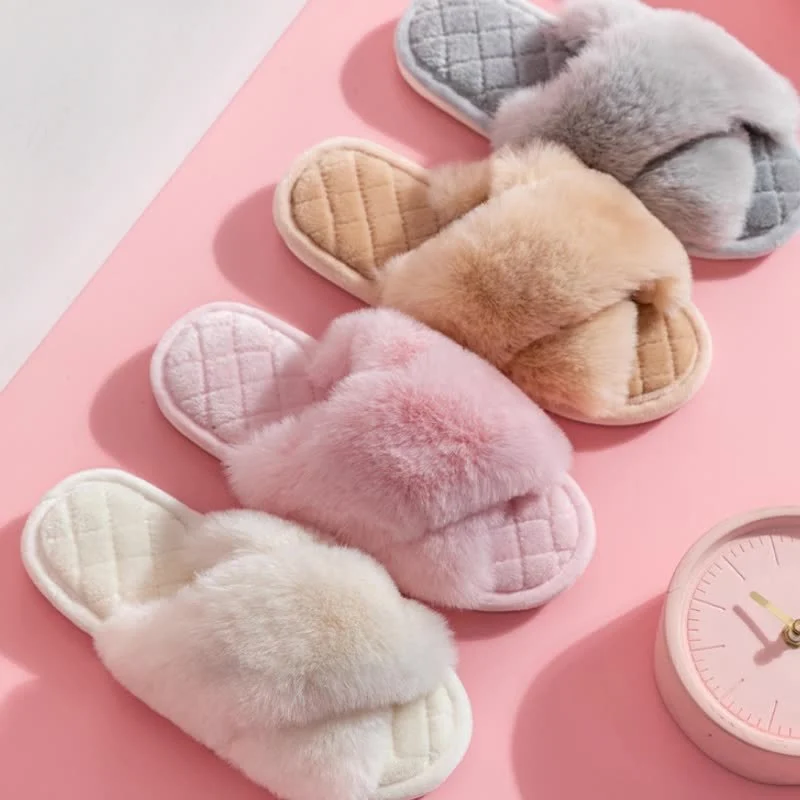 Cross-strap Furry Slippers Warm House Shoes for Women - Image 2
