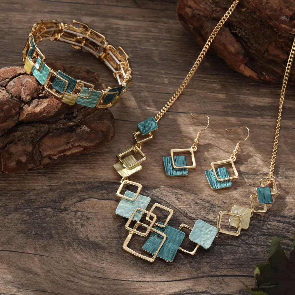 Color Painting Oil Geometric Square Ear Studs Bracelet