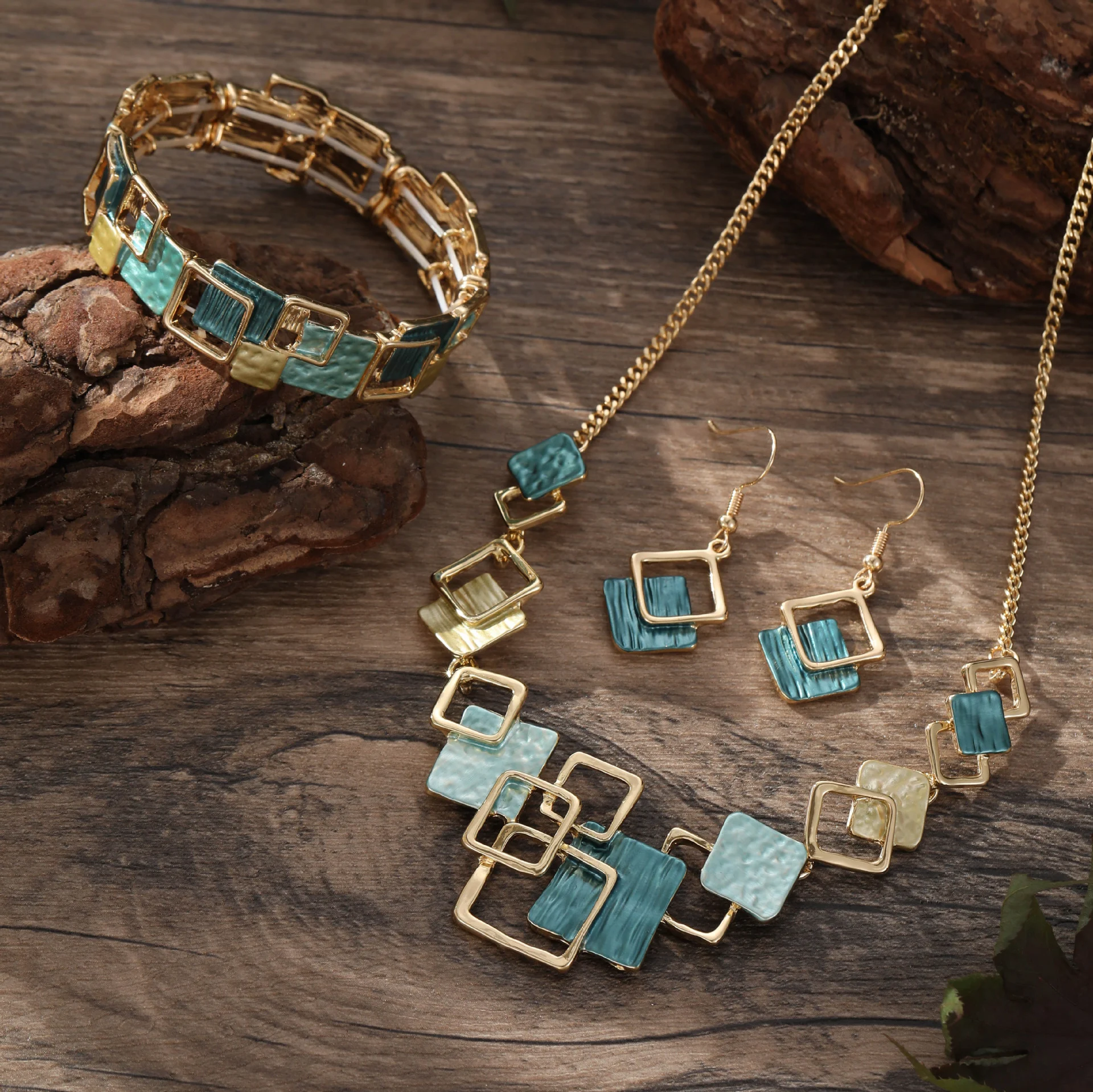 Color Painting Oil Geometric Square Ear Studs Bracelet