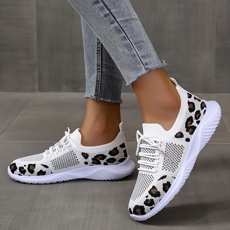 White Shoes Women Leopard Print Lace-up Sneakers Sports - Image 2