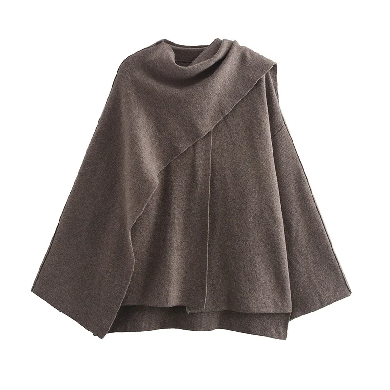 Solid Knitted Cardigan with Asymmetrical Scarf Design - Image 7