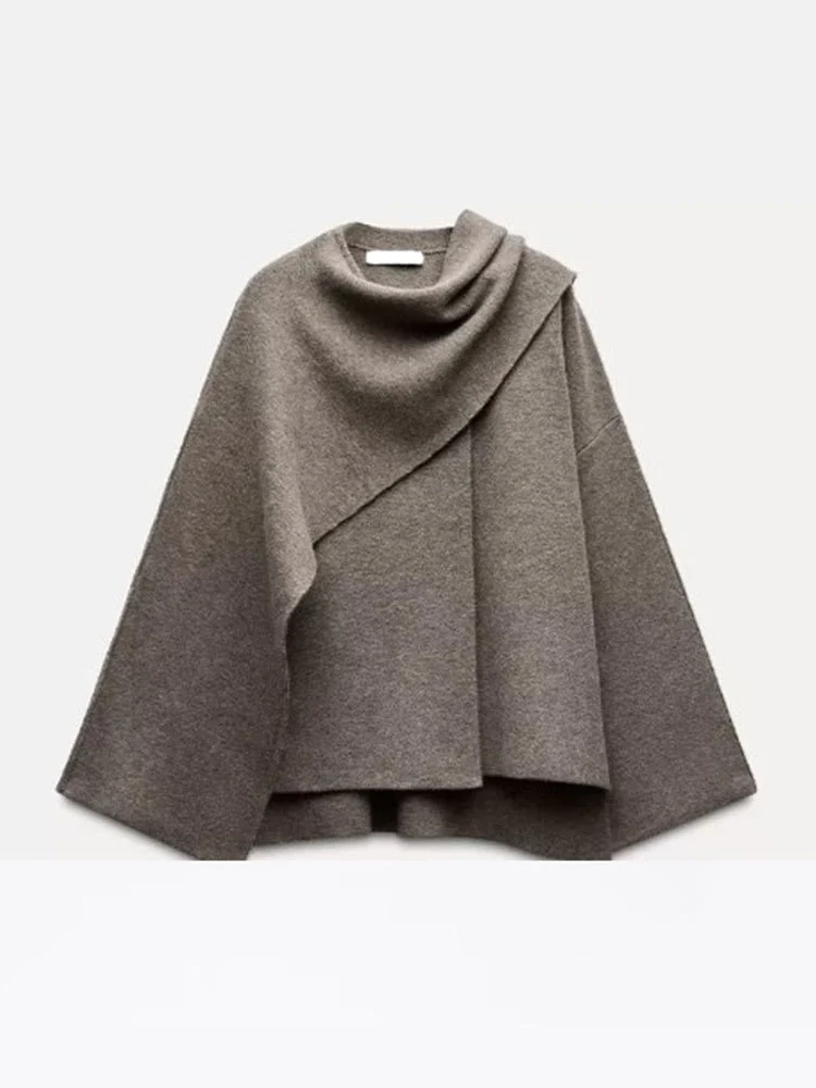 Solid Knitted Cardigan with Asymmetrical Scarf Design - Image 8