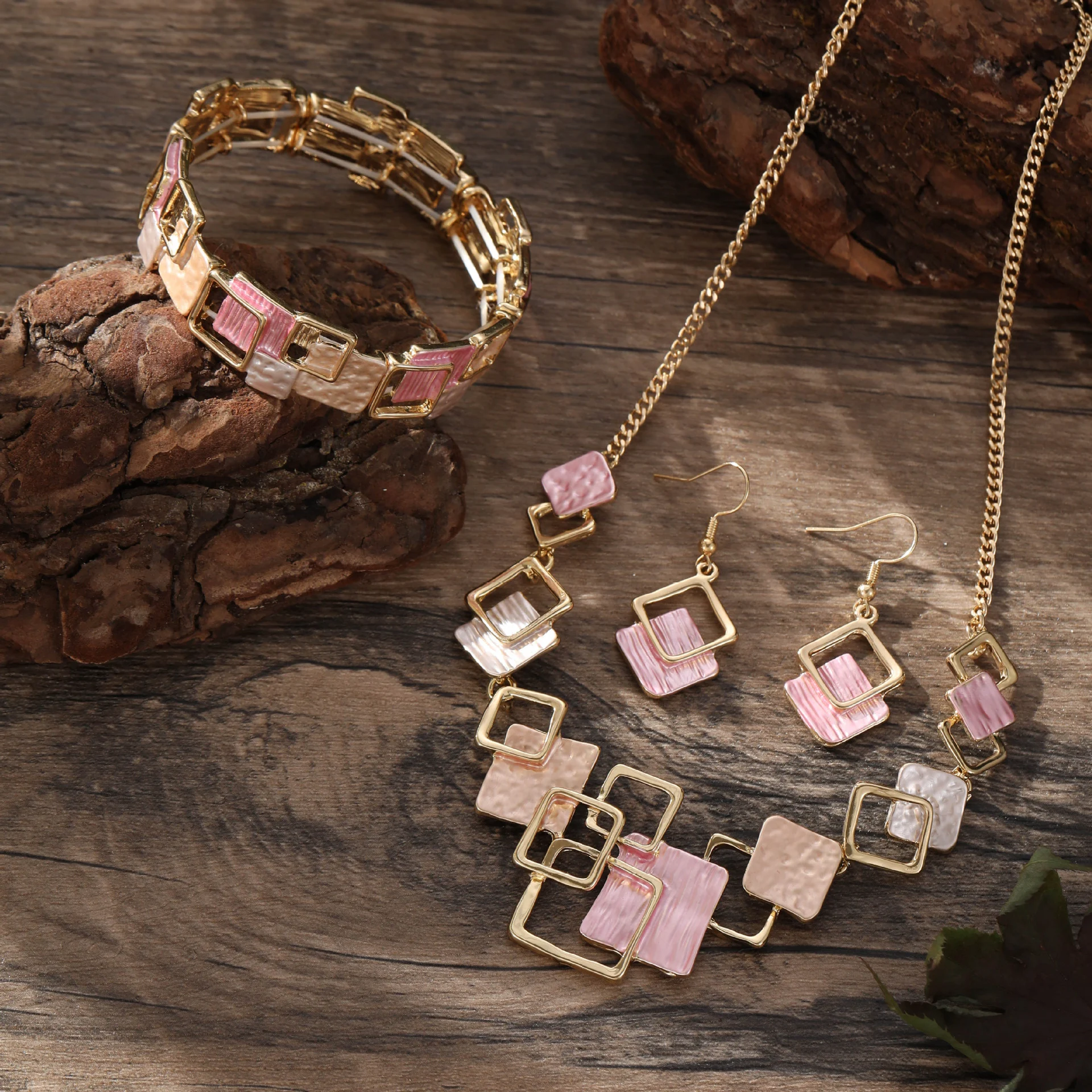 Color Painting Oil Geometric Square Ear Studs Bracelet - Image 5