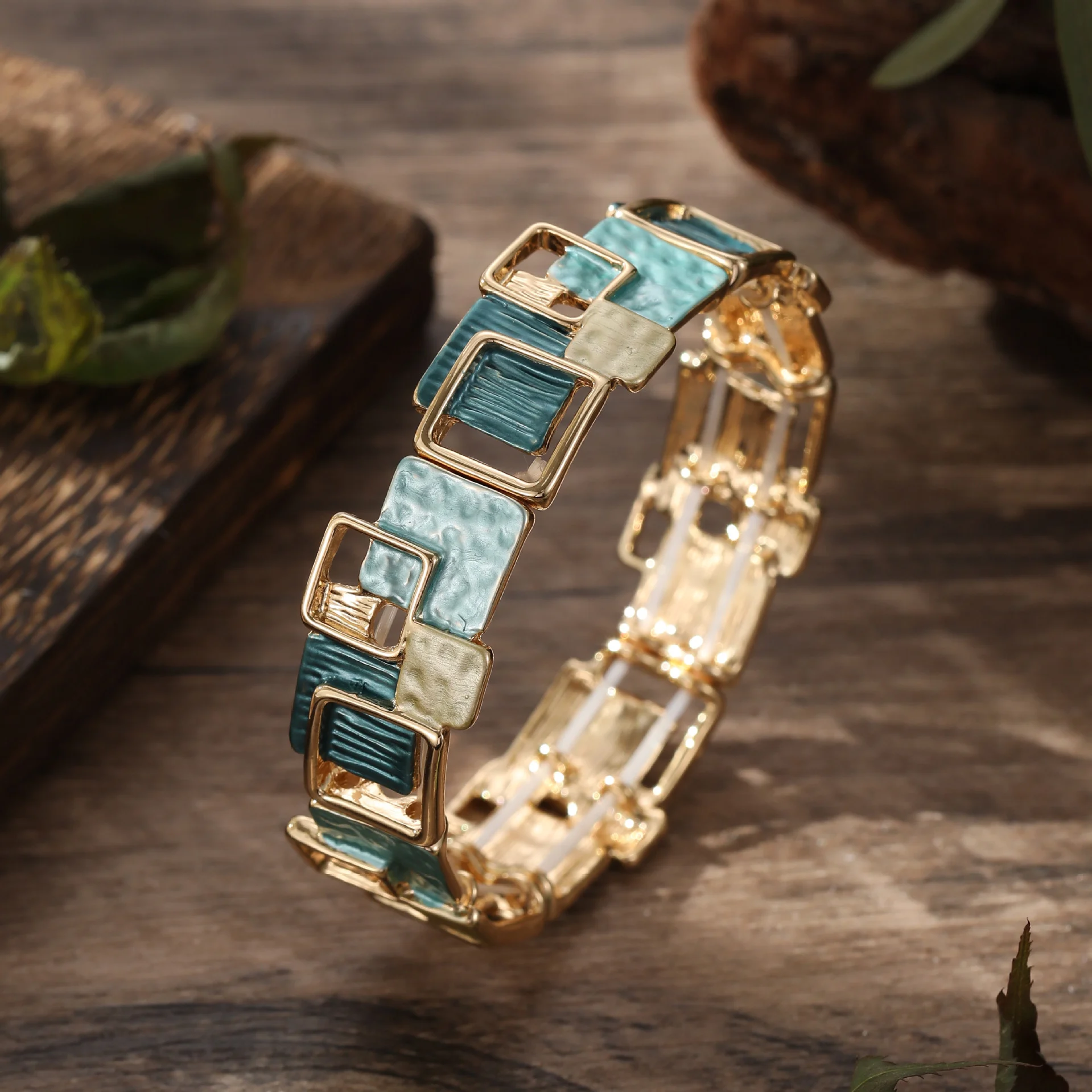Color Painting Oil Geometric Square Ear Studs Bracelet - Image 10