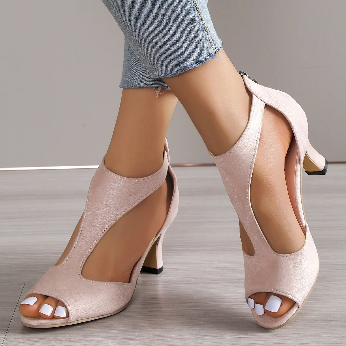 High Heel Peep Toe Sandals Women Back Zipper Outdoor - Image 2