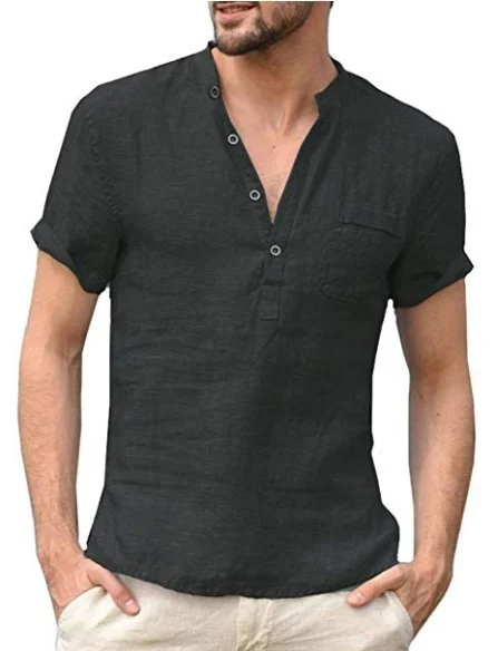 Casual Linen Solid Color Shirt Button V Neck Beach Shirt Men Summer Tops - Image 2