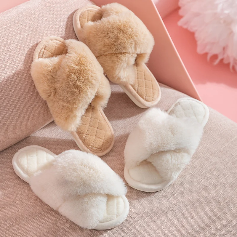 Cross-strap Furry Slippers Warm House Shoes for Women - Image 5