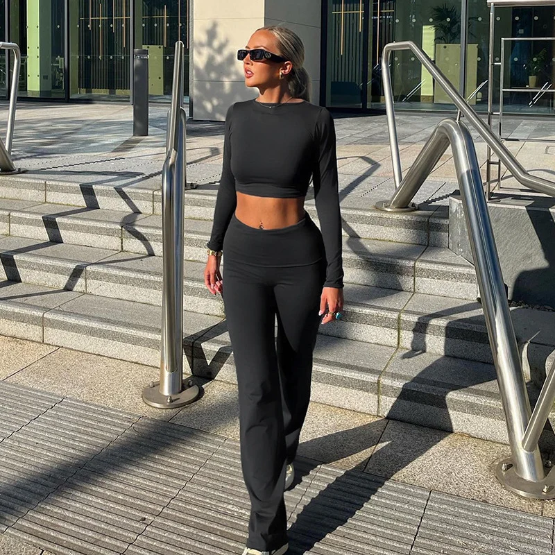 Sports Solid Color Round Neck Short Top Bootcut Trousers Fitness Yoga Two-piece Set For Women - Image 4
