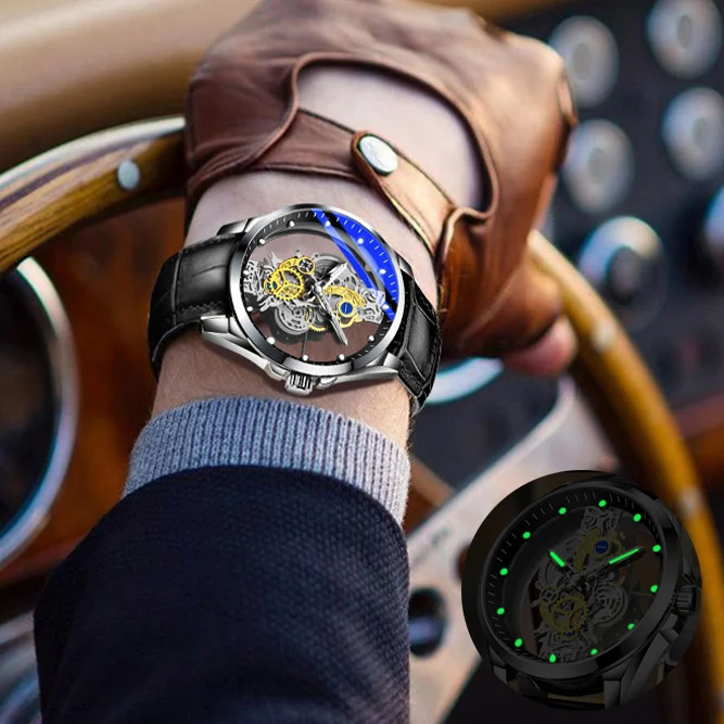 Men Watch Skeleton Automatic Quartz Watch Gold Skeleton - Image 2
