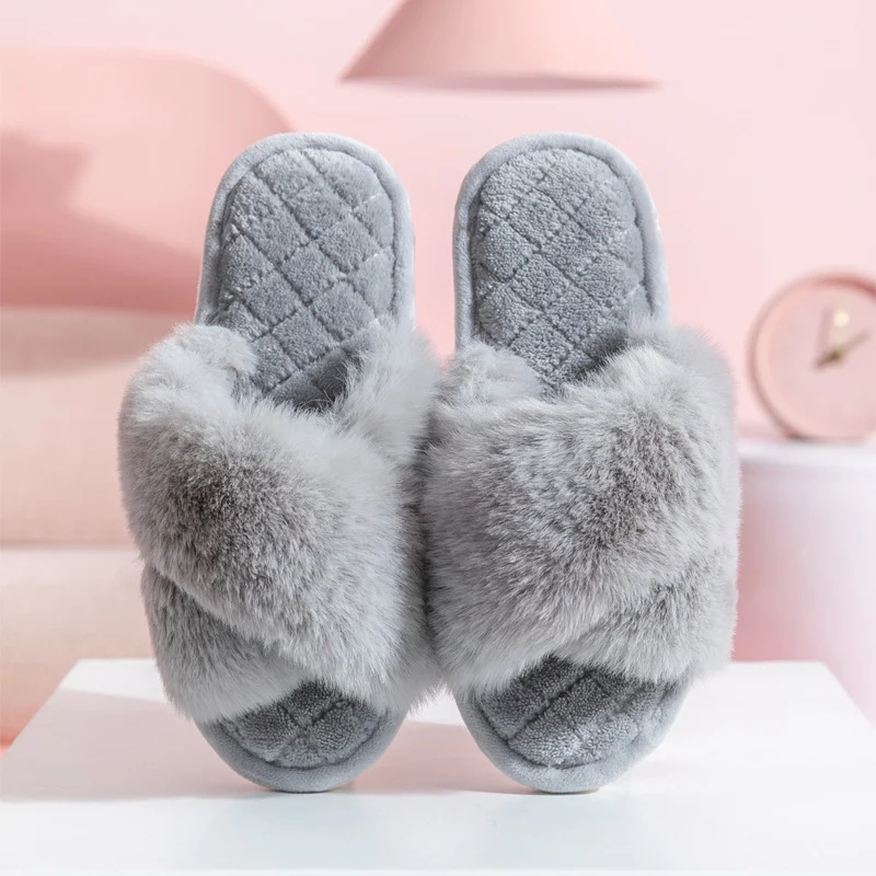 Cross-strap Furry Slippers Warm House Shoes for Women - Image 6
