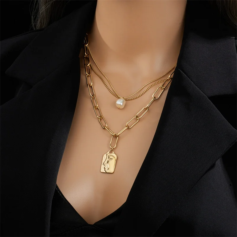 Fashion Jewelry Layered Face Portrait Chain Choker - Image 2