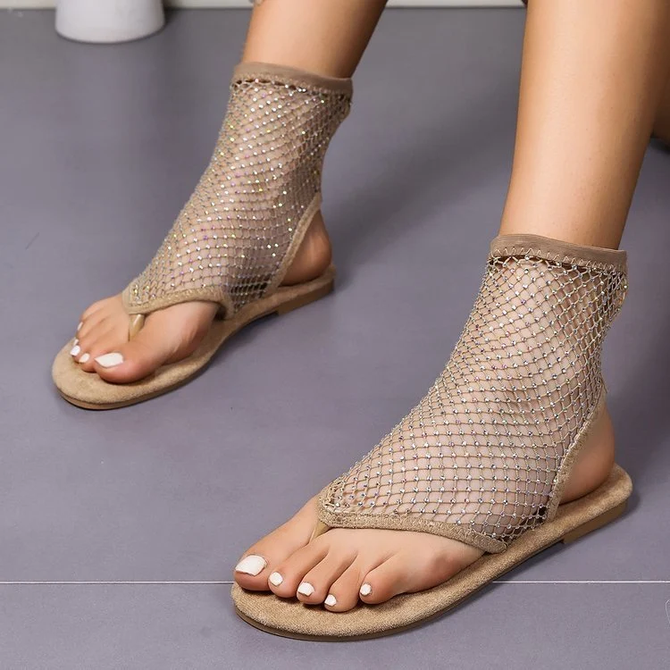 Fashion Rhinestone Mesh Thongs Sandals Summer Flat - Image 4
