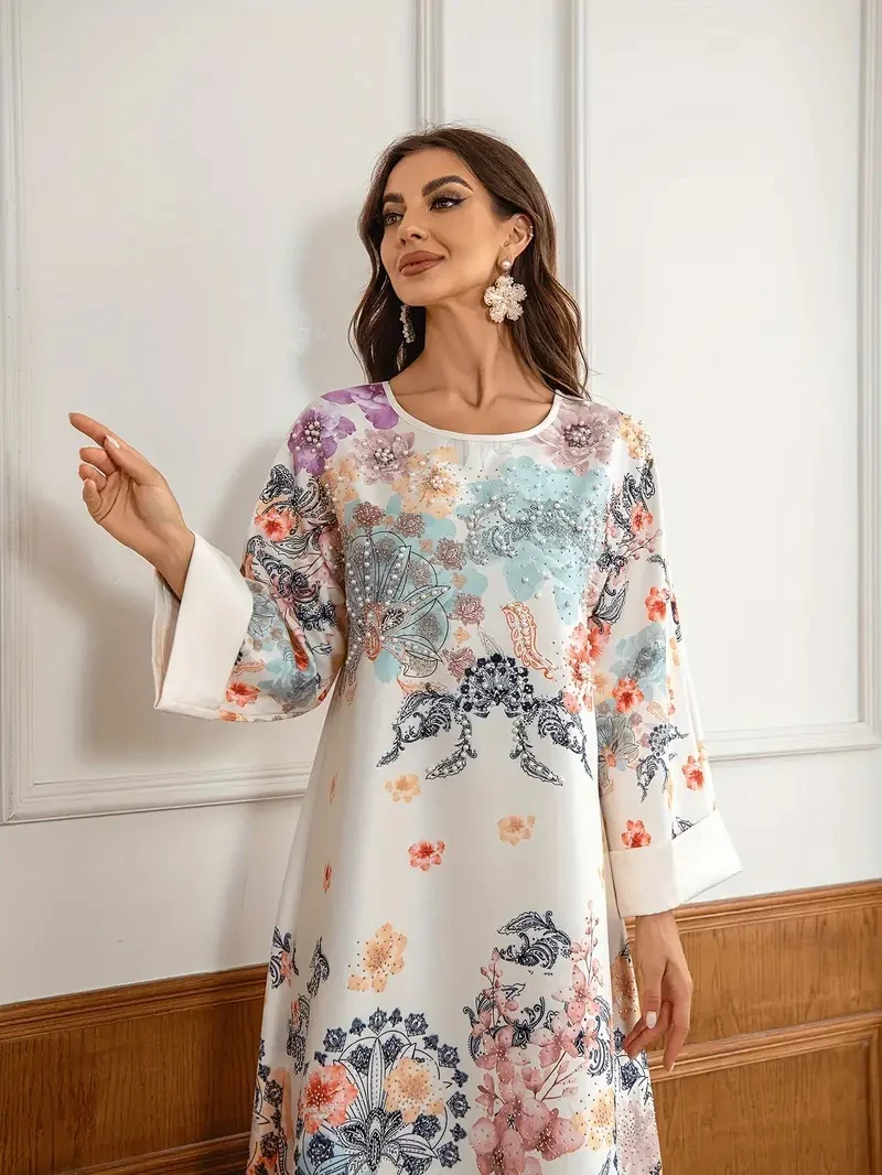 Elegant Floral Print Long Kaftan Dress - Image 2