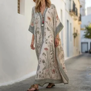 Long Sleeve Kaftan Linen Vacation Maxi Dress