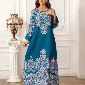 Printed Long Kaftan Dress - Long Sleeved, Round Neck With Bead Embellishment