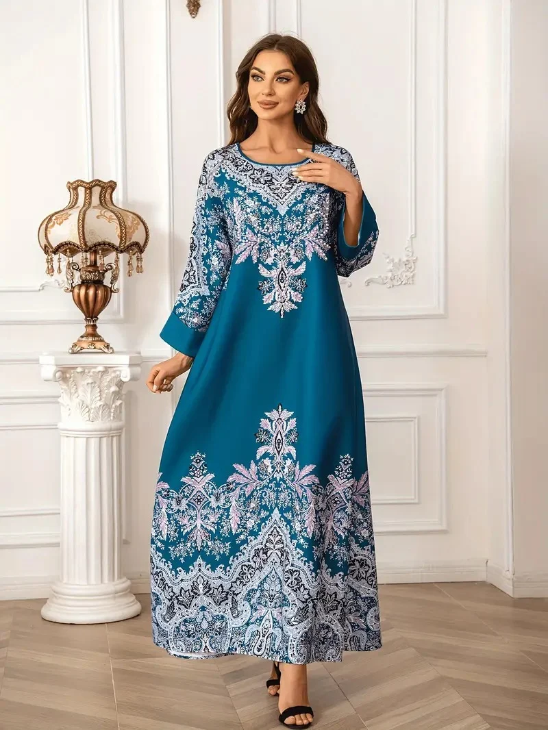 Printed Long Kaftan Dress - Long Sleeved, Round Neck With Bead Embellishment