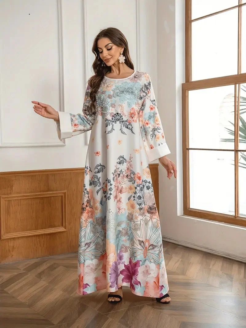 Elegant Floral Print Long Kaftan Dress - Image 3