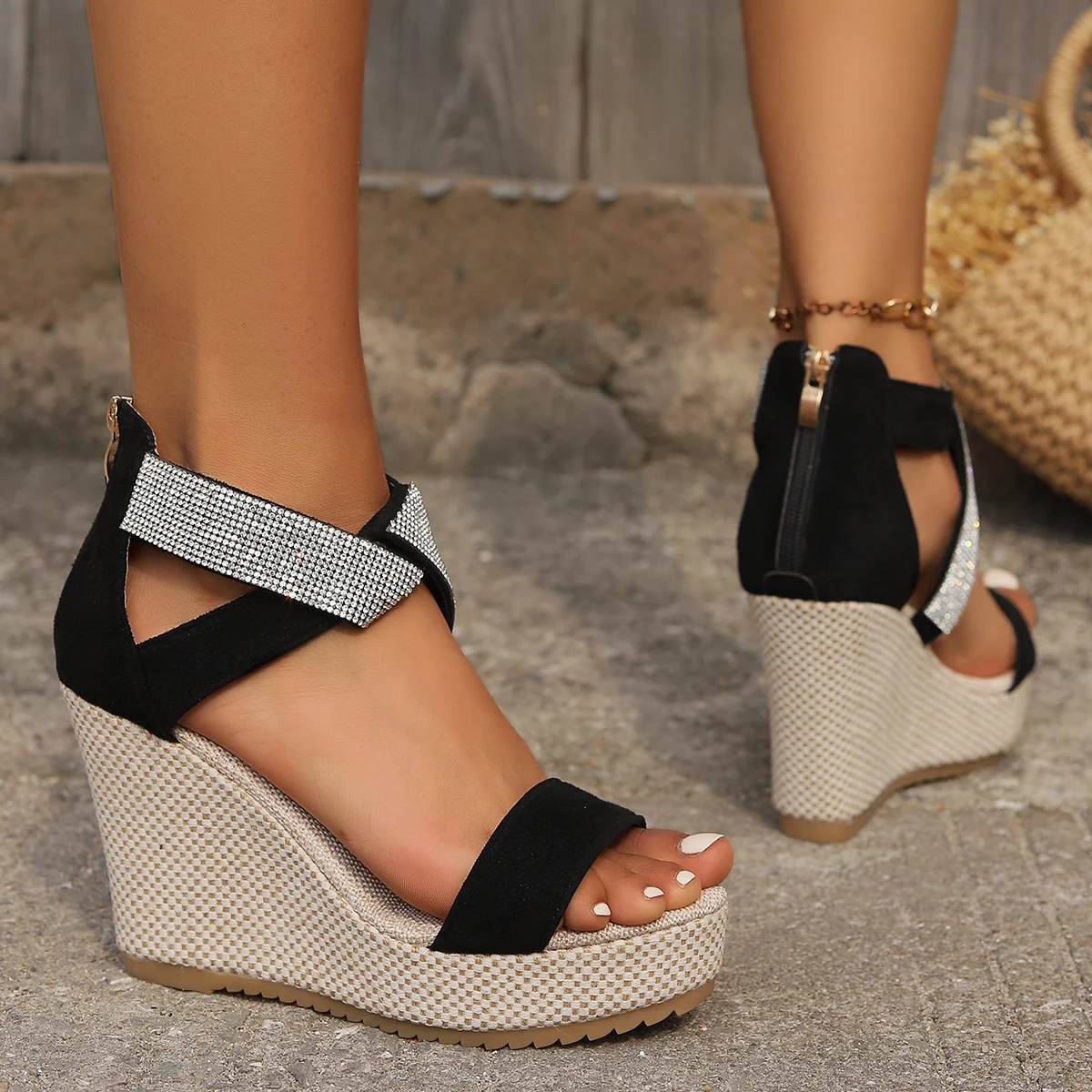 Fish Mouth High Wedges Sandals with Rhinestone Design - Image 6