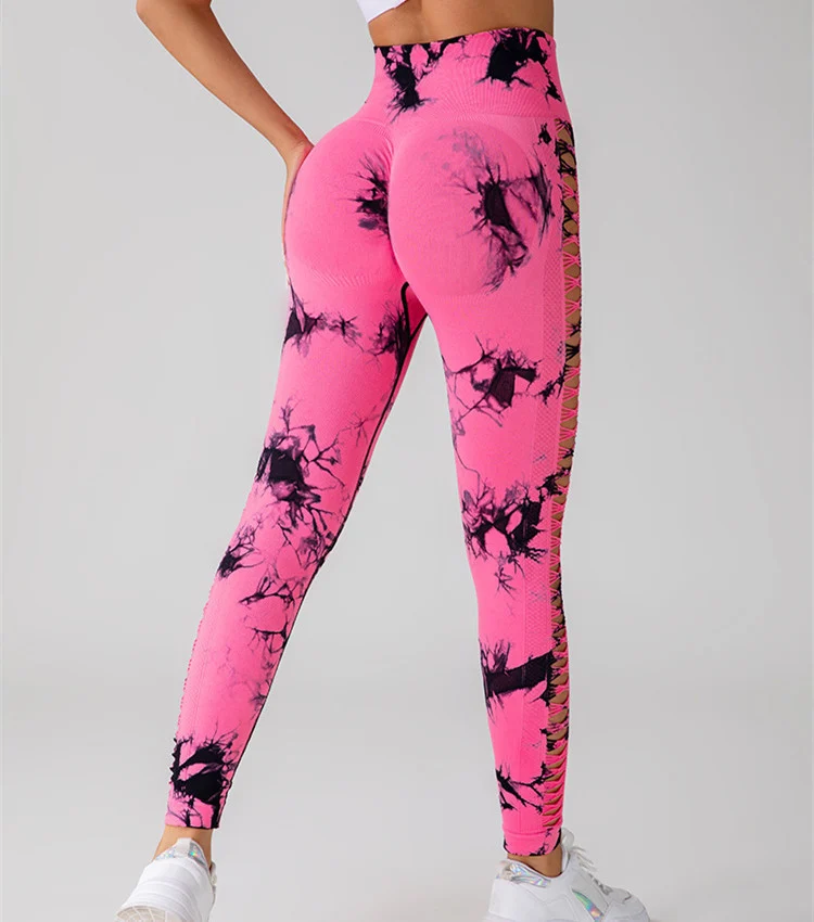 Hollow Tie Dye Printed Yoga Pants High Waist Butt Lift Seamless Sports Gym Fitness Leggings Slim Pants For Women Tight Trousers - Image 6