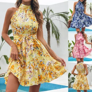 Flowers Print Halterneck Dress Summer Fashion