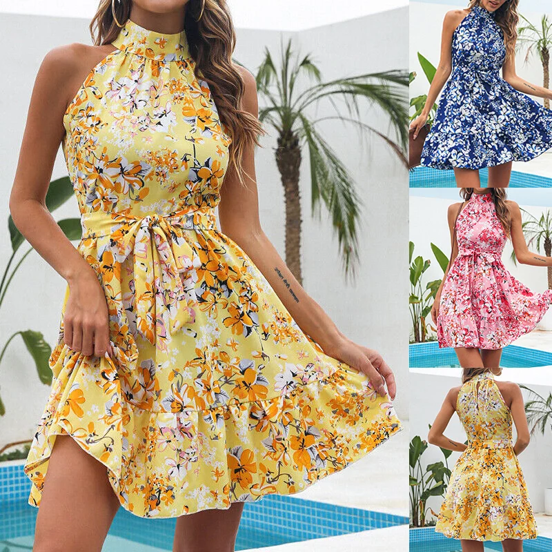 Flowers Print Halterneck Dress Summer Fashion
