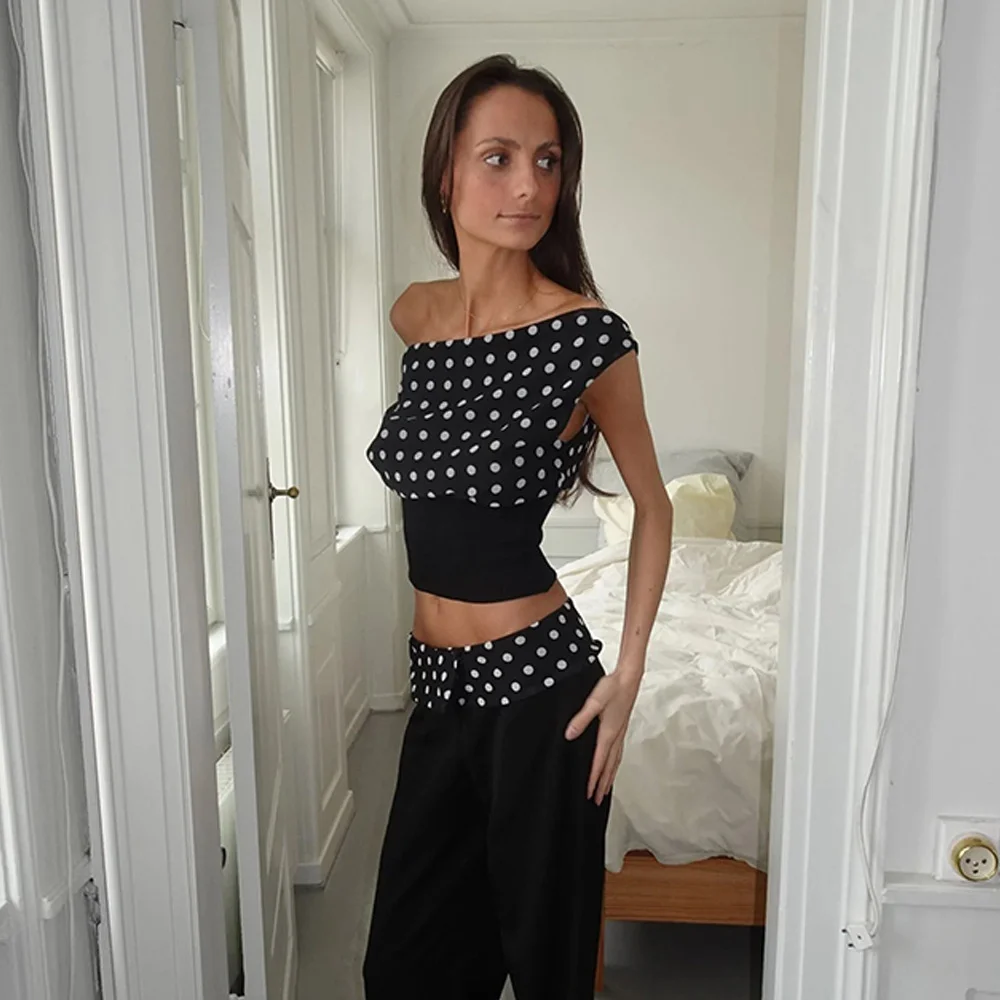 Polka Dots Print Oblique Shoulder Tops Summer Patchwork - Image 9