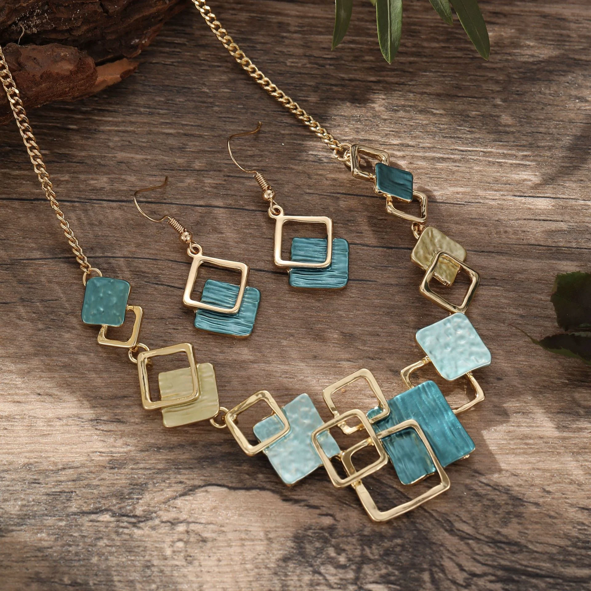 Color Painting Oil Geometric Square Ear Studs Bracelet - Image 6