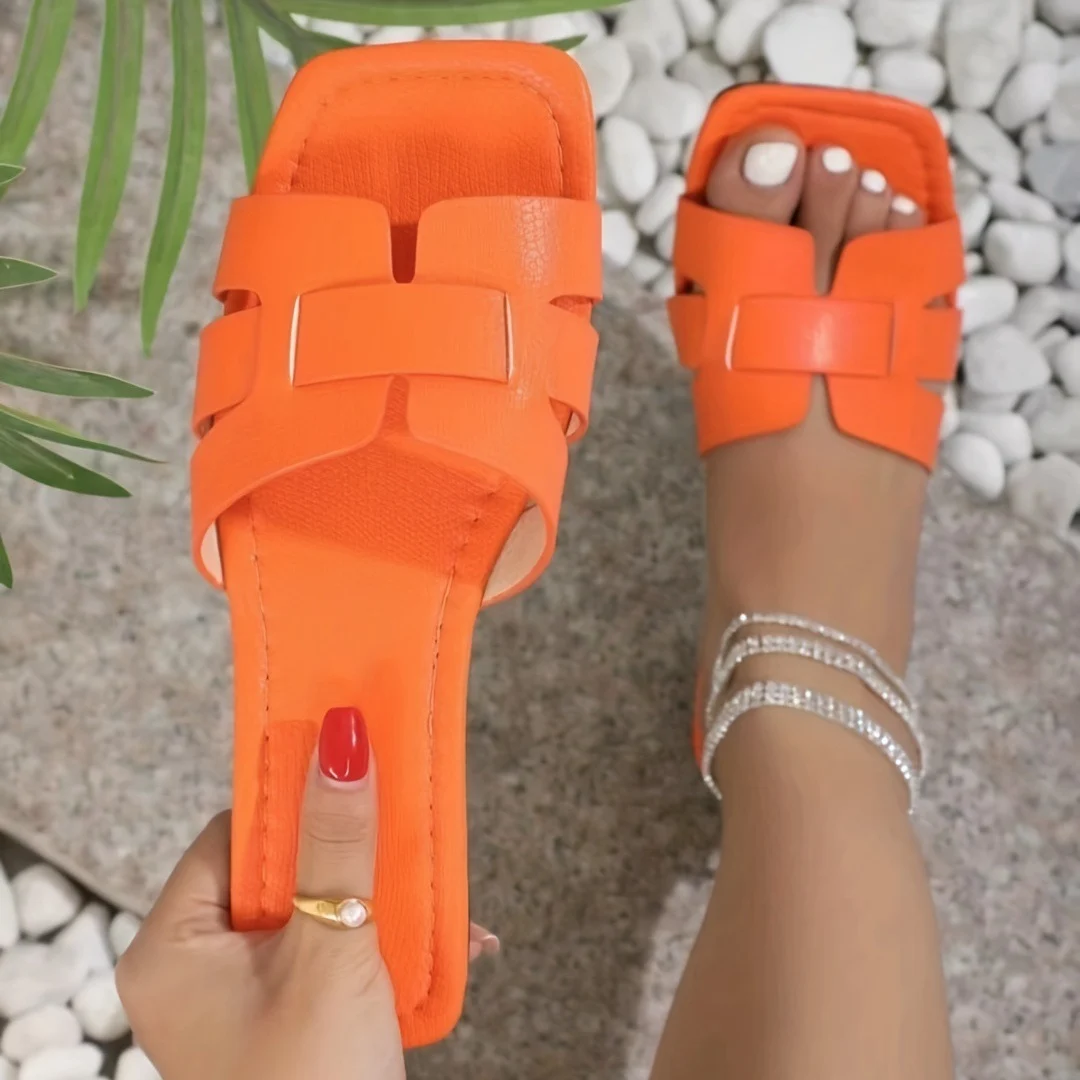 Square Toe Flat Sandals Summer Hollow Out Slides - Image 5