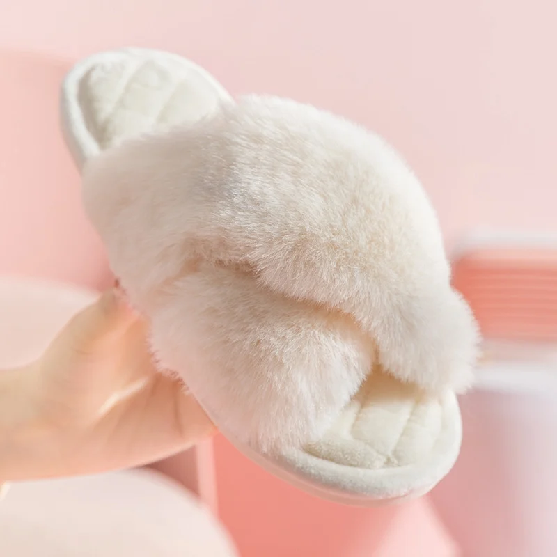 Cross-strap Furry Slippers Warm House Shoes for Women - Image 3